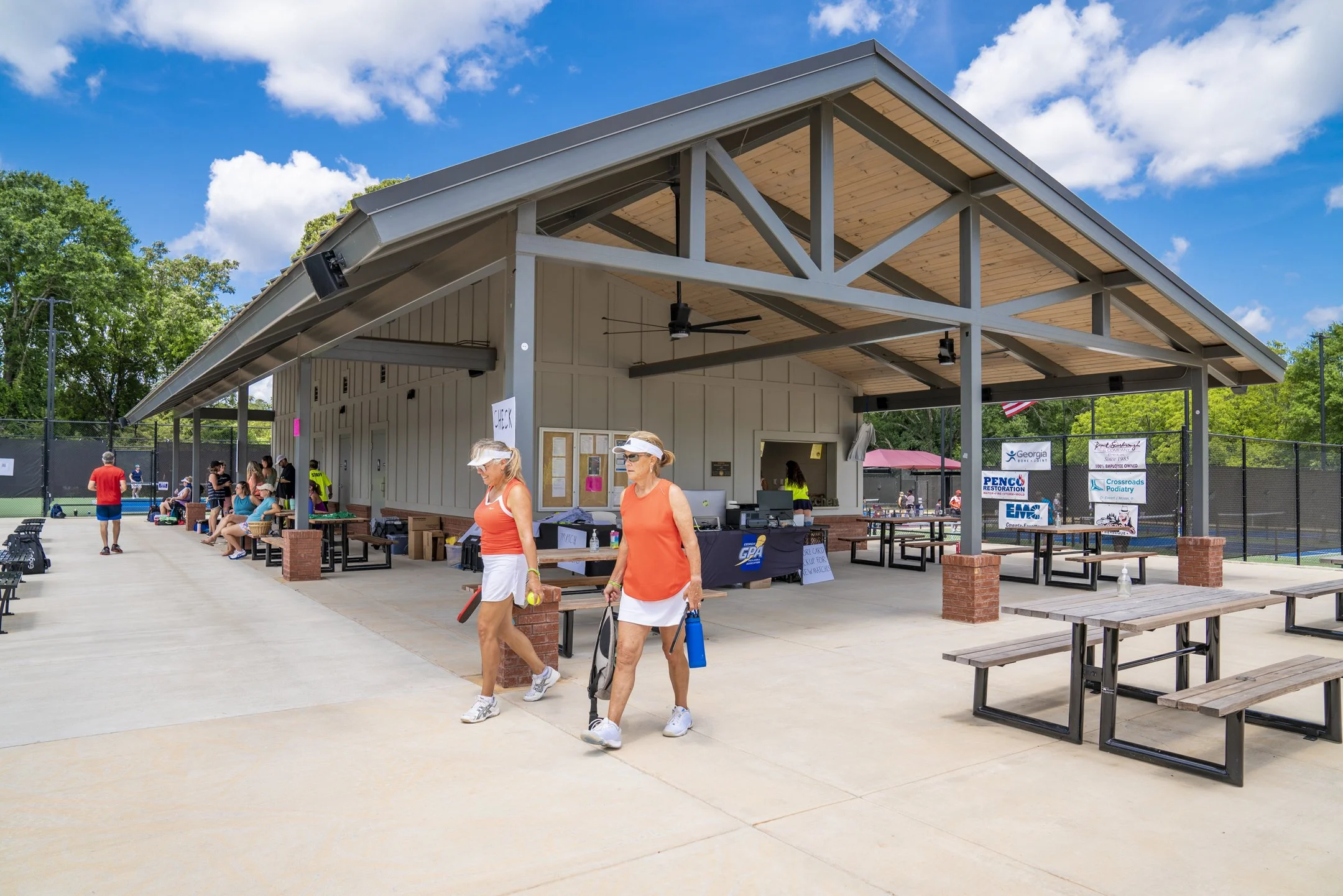 The House of Pickleball, Newnan, GA – Enhanced shade pavilion providing area of rest and amenities for visitors.