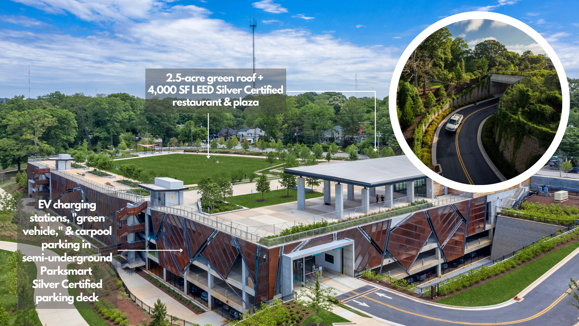 Grant Park Gateway, Atlanta, Georgia. Creative solutions enabled the complete transformation of this site. The photo showing parking before (above) reveals what an experienced, innovative team of forward-thinkers can accomplish.