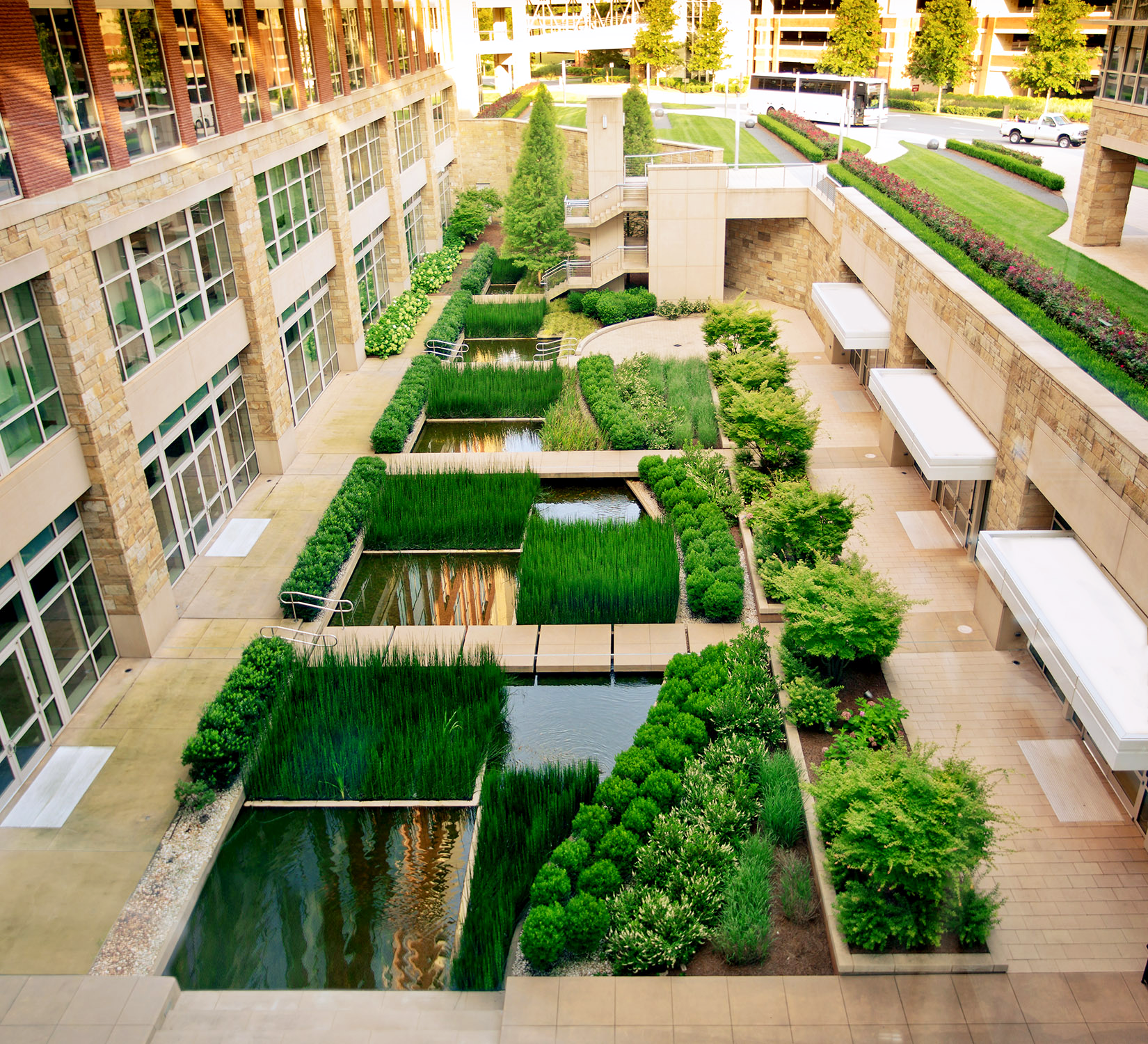 Lowe’s Corporate Headquarters , Mooresville, North Carolina . Meticulously designed outdoor spaces were created for function and enjoyment.