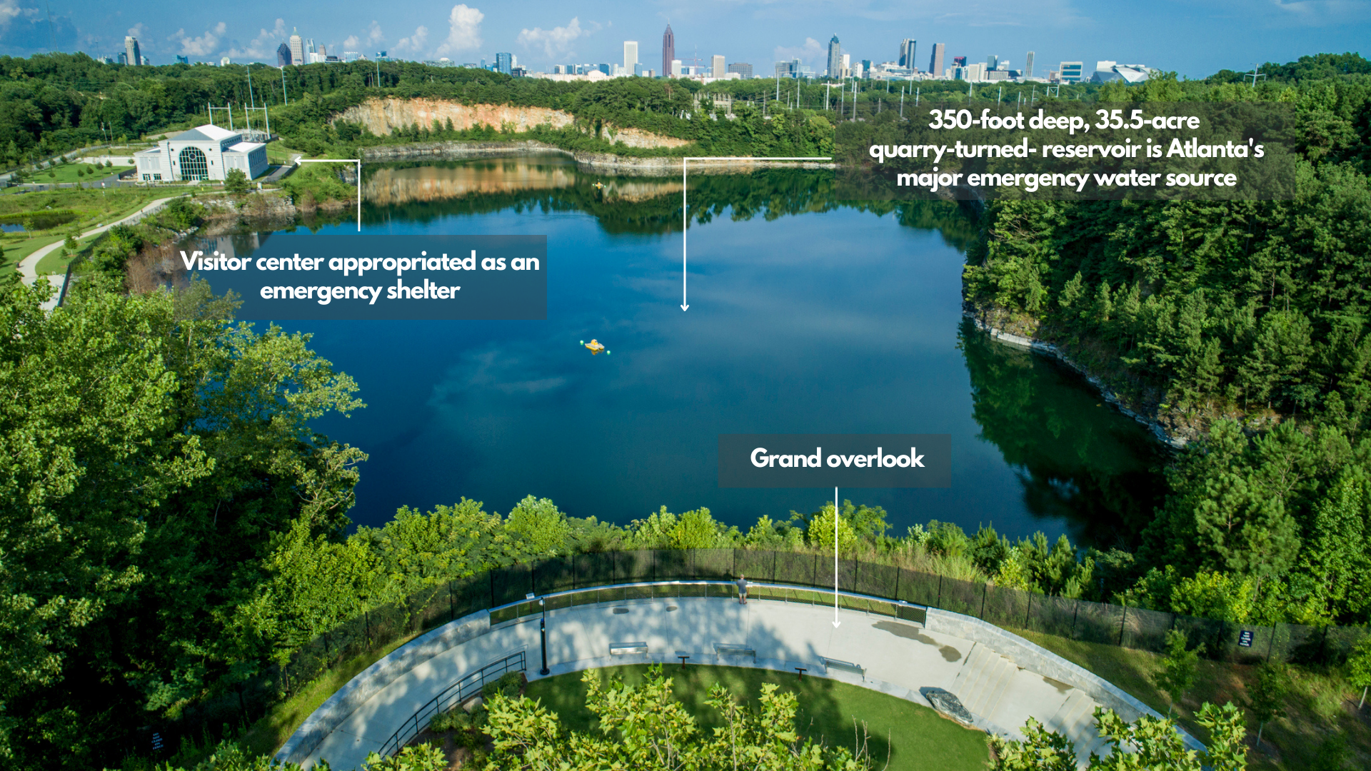 Westside Park, Atlanta, Georgia . A 35.5-acre quarry-turned-reservoir that serves as Atlanta’s major emergency water source up to 30+ days.