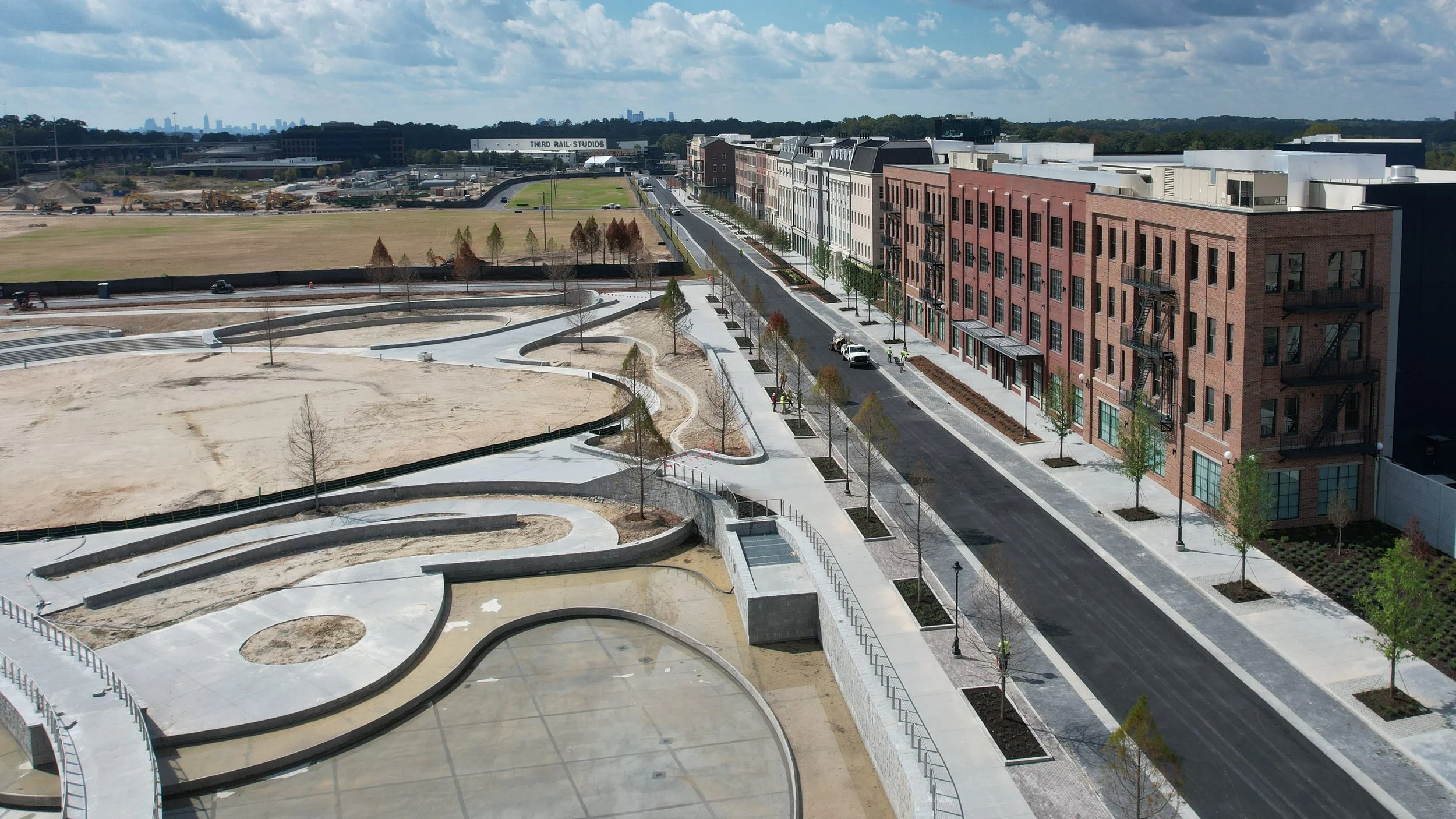 Assembly Atlanta – Streetscapes and public park spaces adjacent to filmable, themed architecture designed to provide an immersive moviemaking environment. Shown here, the site is nearing completion.