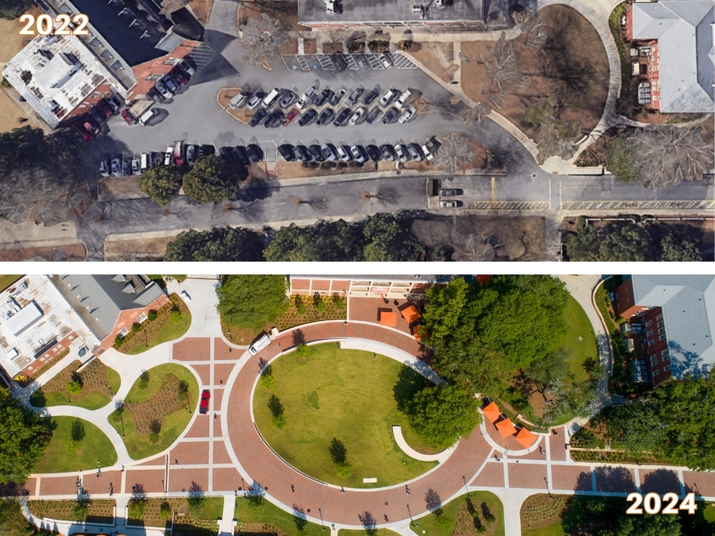 College Street Transformation at Mercer University parking lot to green space and walking paths before and after