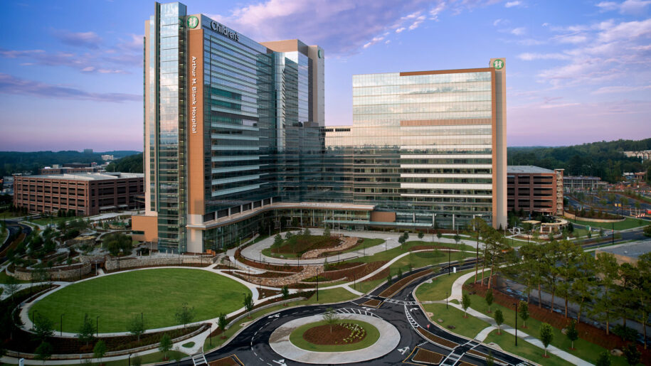 Children's Healthcare of Atlanta building with green space and walking paths out front