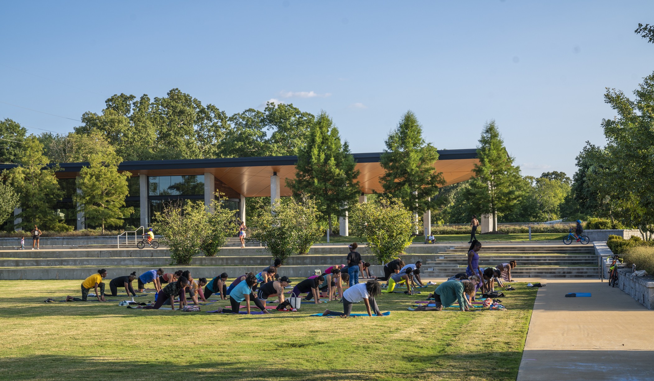 Yoga class in park on Grant Park Gateway