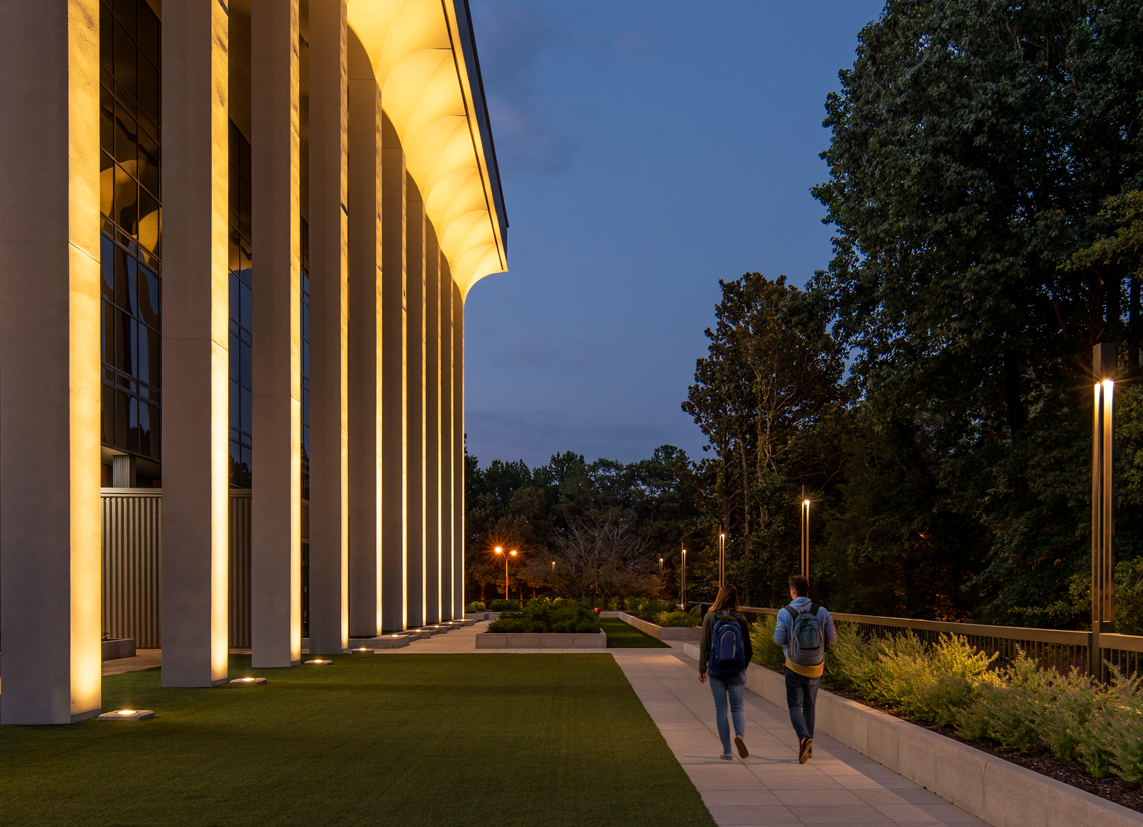 Atlanta Administration & Conference Center, Mercer University lit up at dusk