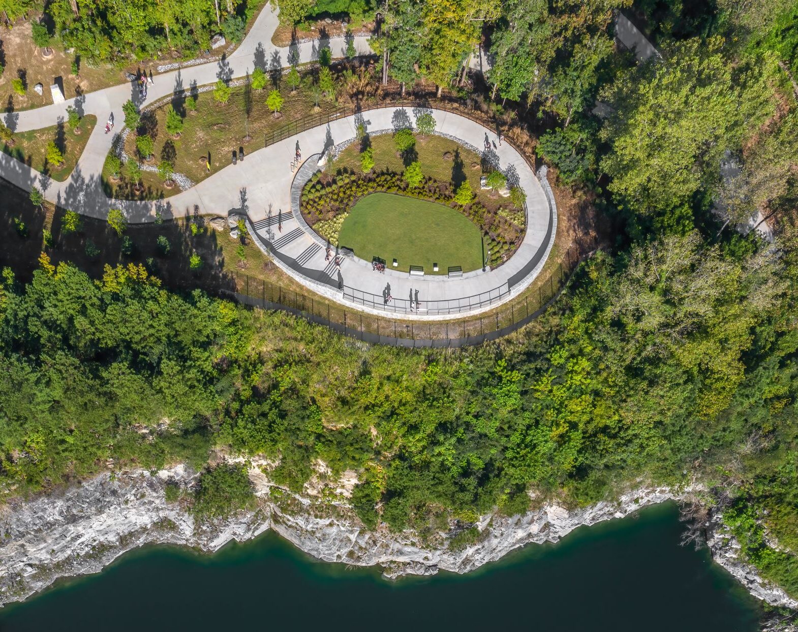 Top down view over park and walking paths near the water at Shirley Clarke Franklin Park