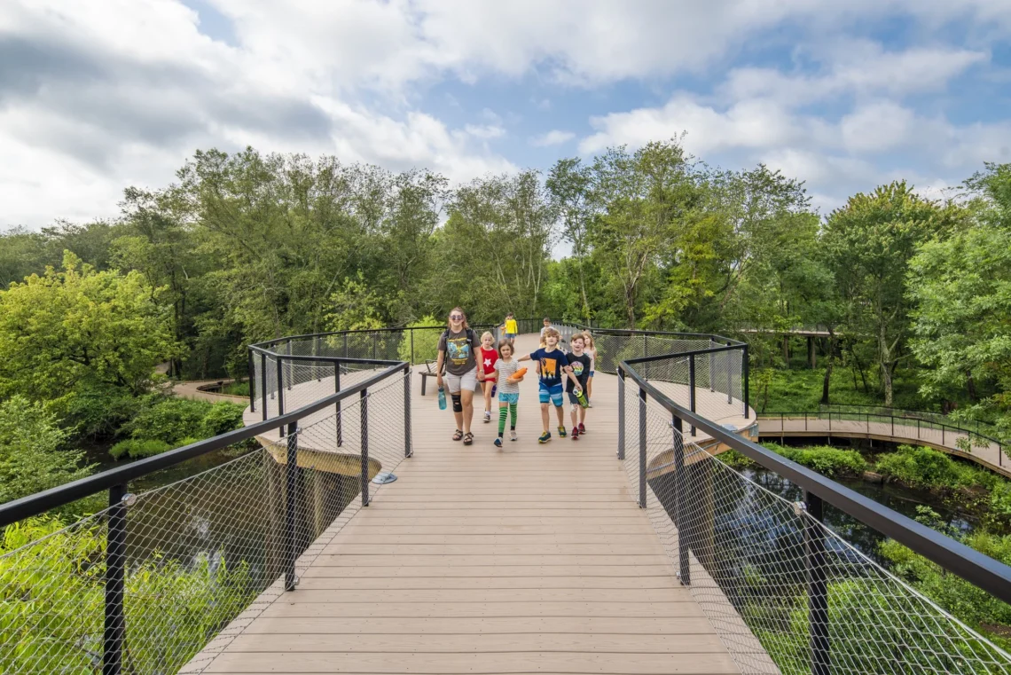Group of kids walking on boardwalk