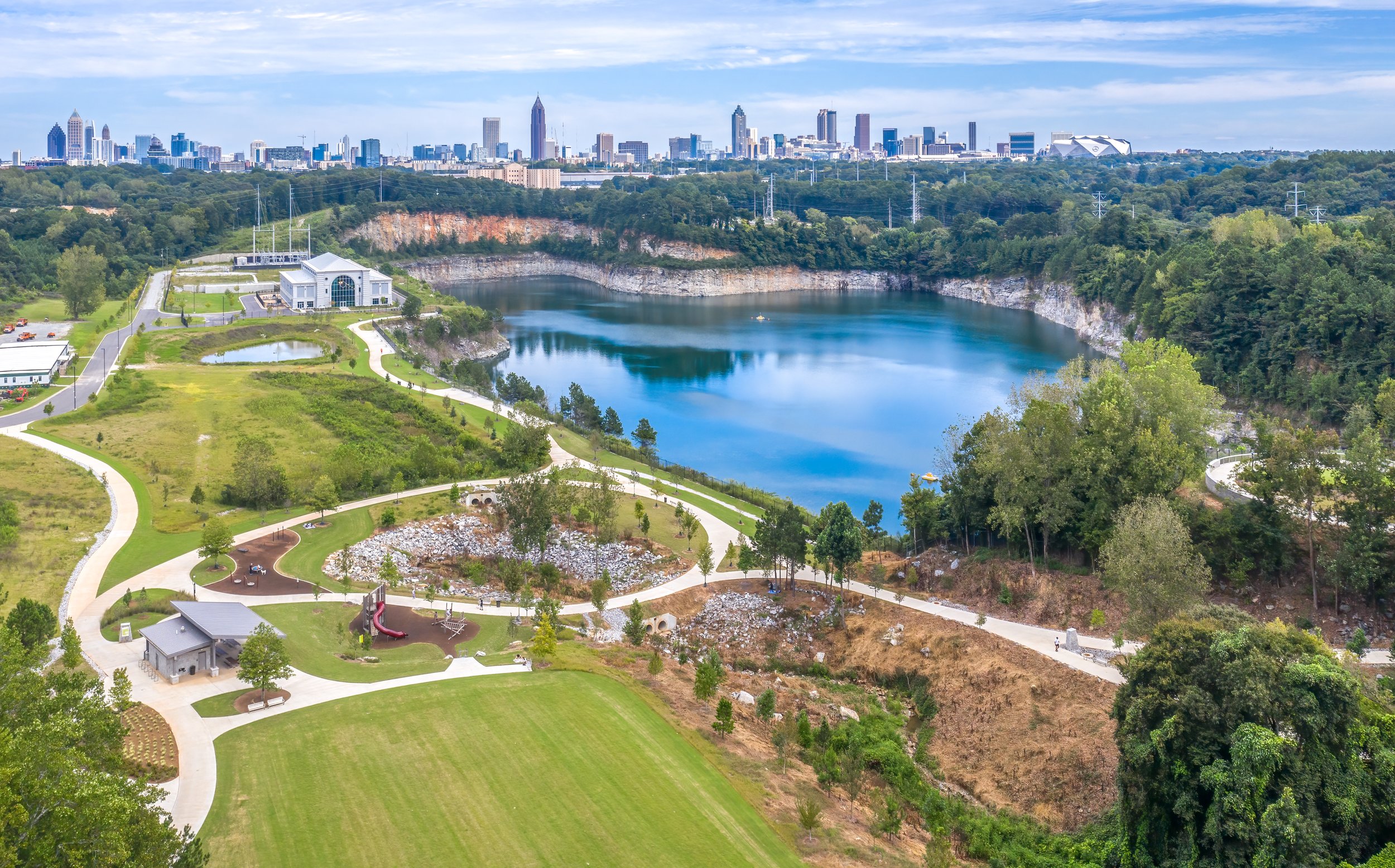  Westside Park, Atlanta, GA – 280-acre park. The overlook situated high above the quarry-turned-reservoir (on right in picture above and below), Atlanta’s major emergency backup water source, showcases breathtaking views of the Atlanta skyline. 