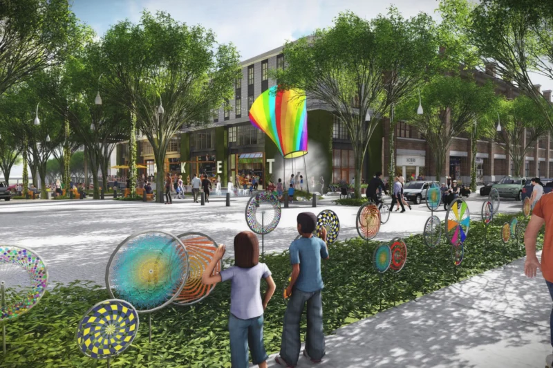 Street with pinwheels along the side