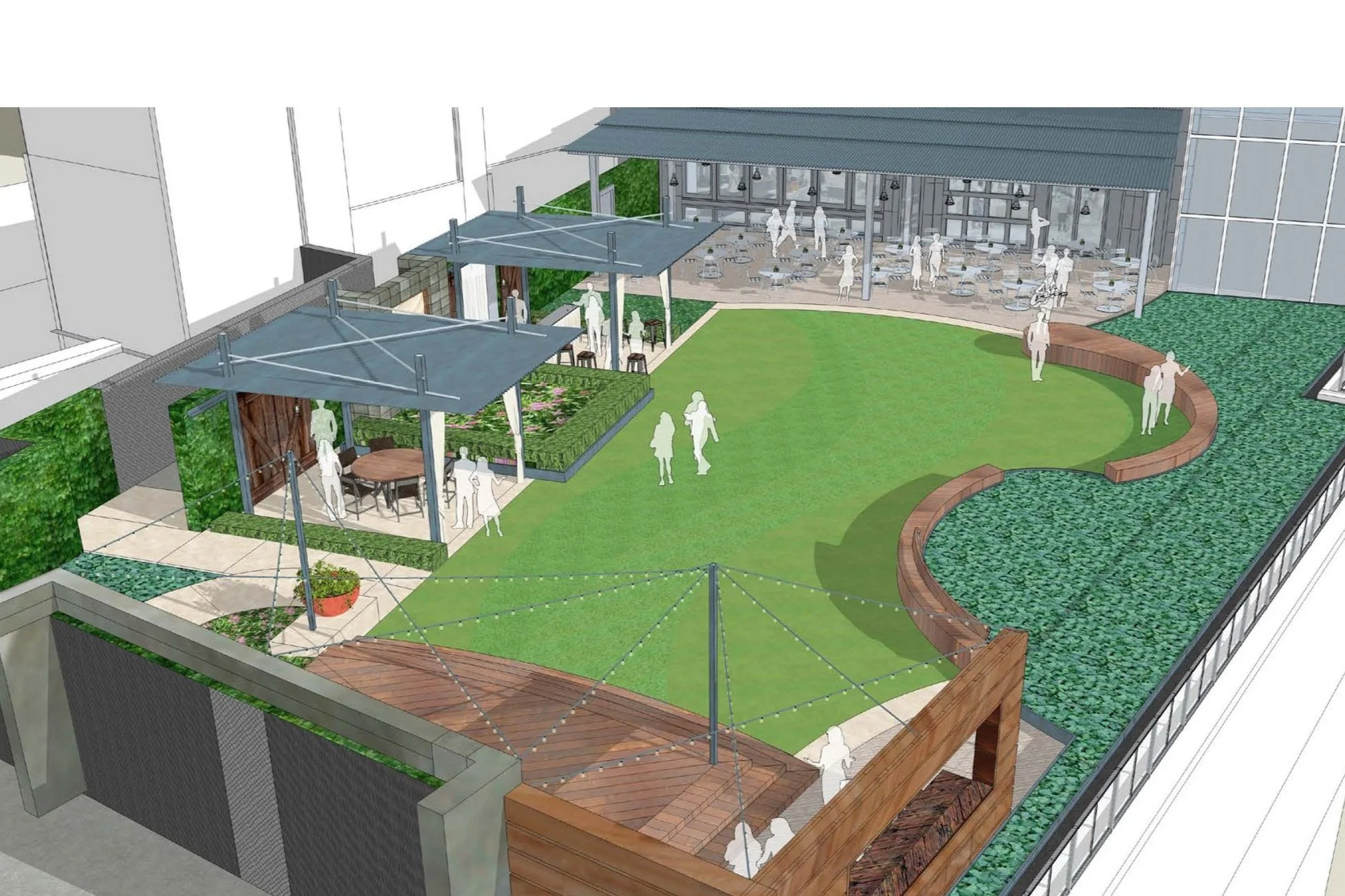   Spanx Headquarters ,  Atlanta, GA  - Model view of an overlook patio, stage, dining and seating areas featuring elaborate and functional elements that allow the green roof to accommodate a variety of events. 