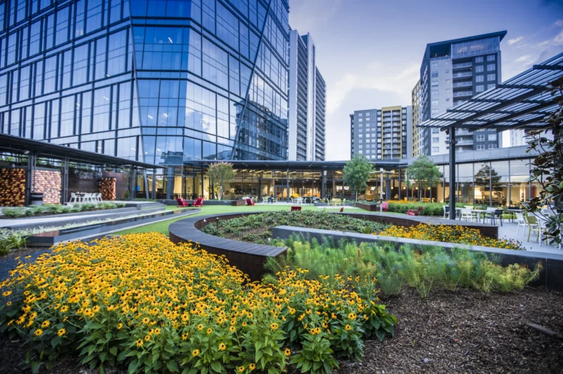 A garden with a building with lots of windows in the background