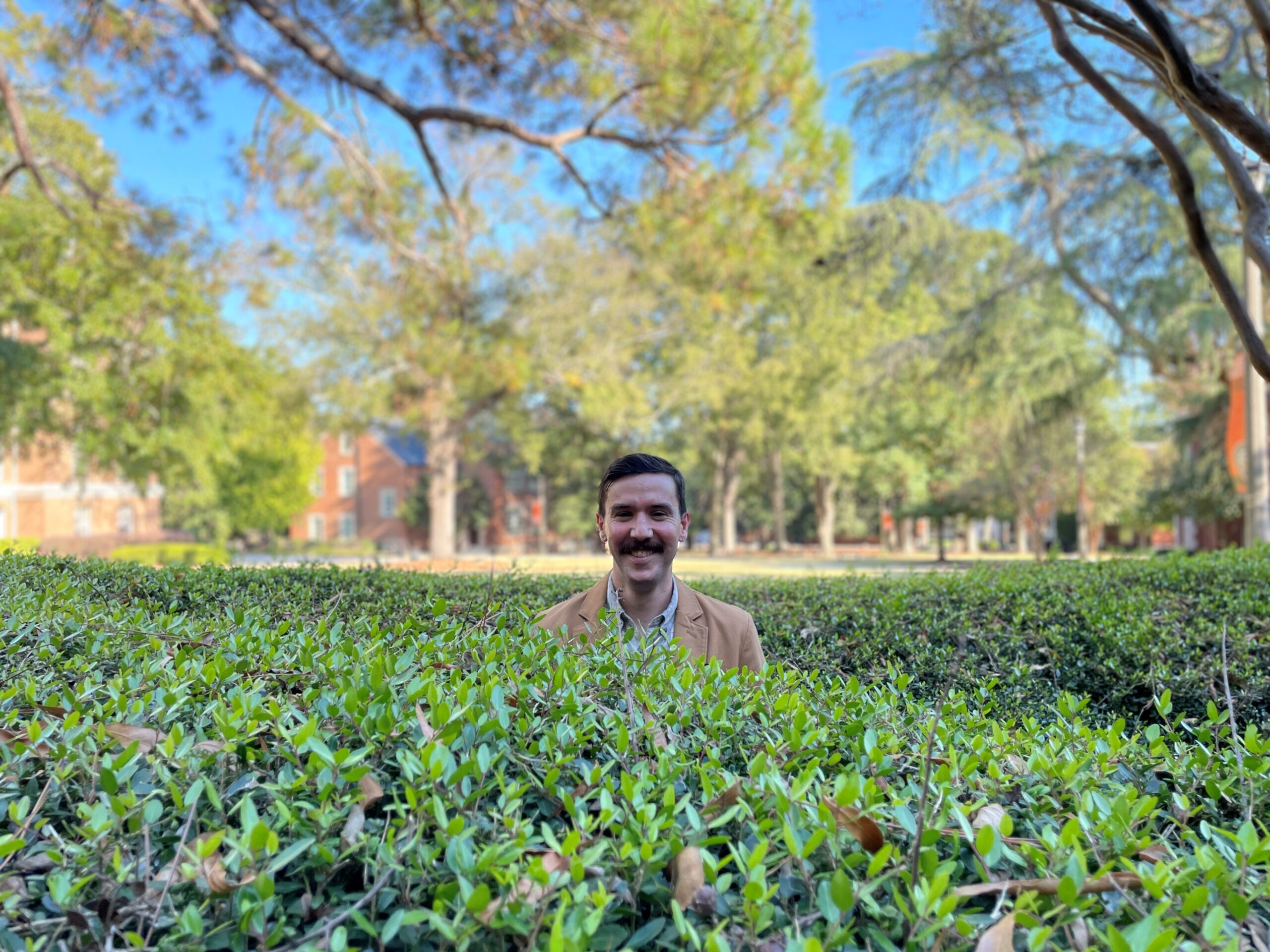 man peeking over shrubs