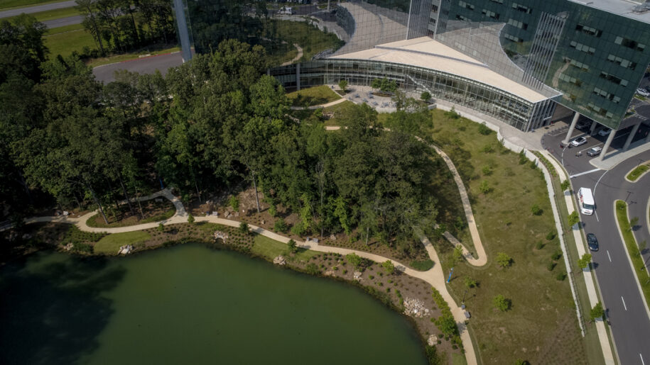 Aerial image of pond and pedestrian trails at UAB Medical West